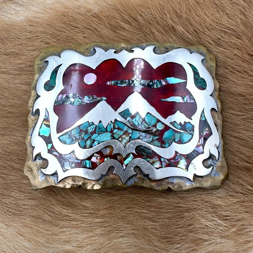 VTG Southwestern Mountain Landscape Turquoise Abalone Chip Inlay Belt Buckle